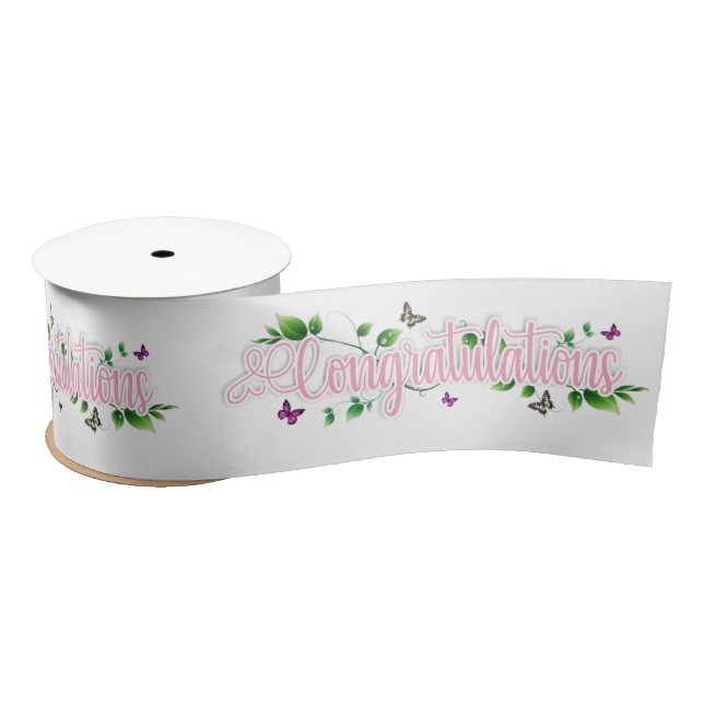 Pink Floral Congratulaions text Ribbon Satin Ribbon (Spool)