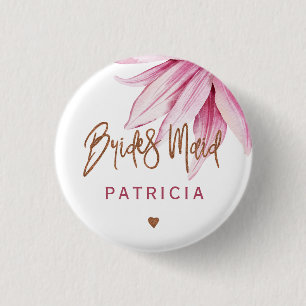 Pink floral copper script bridal shower bridesmaid 3 cm round badge
