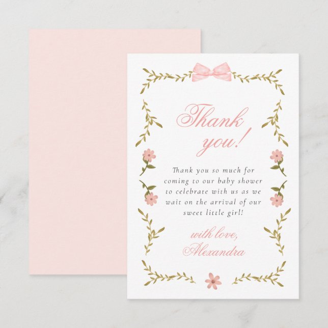Pink Floral Coquette Baby Shower Thank you Card (Front/Back)