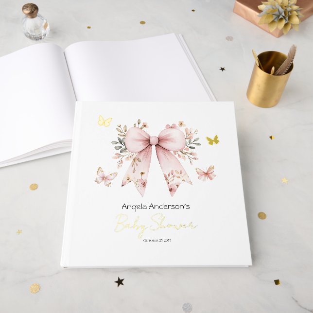 Pink Floral Coquette Bow Baby Shower Guest Book (Front Open)