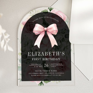 Pink Floral Coquette Bow Black First Birthday Acrylic Invitations