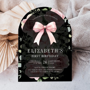 Pink Floral Coquette Bow Black First Birthday Invitation