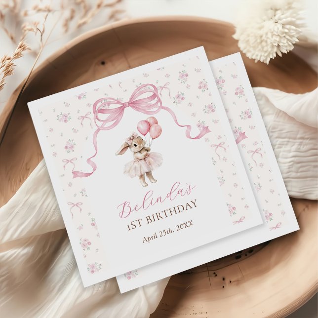 Pink Floral Coquette Bow Bunny 1st Birthday Napkin (Creator Uploaded)