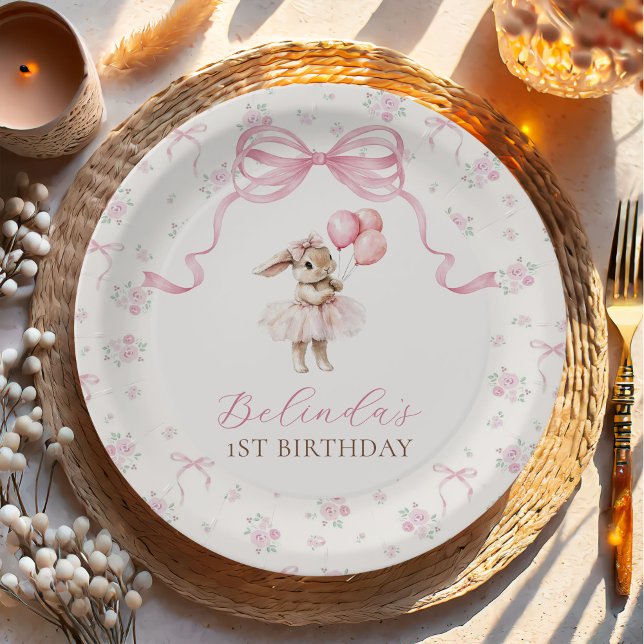 Pink Floral Coquette Bow Bunny 1st Birthday Paper Plate (Creator Uploaded)