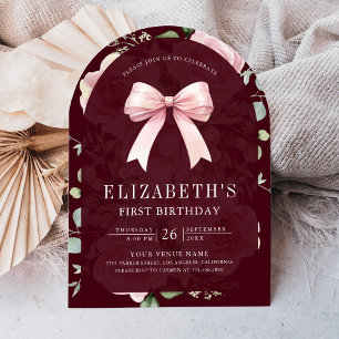 Pink Floral Coquette Bow Burgundy First Birthday Invitation