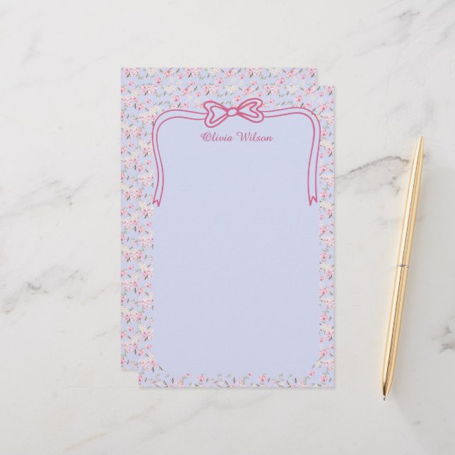 Pink Floral Coquette Bow Custom Name Stationery (Front/Back In Situ)