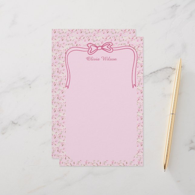 Pink Floral Coquette Bow Custom Name Stationery (Front/Back In Situ)