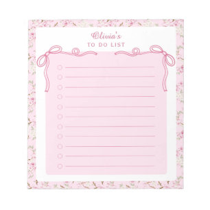 Pink Floral Coquette Bow Custom To Do List Notepad