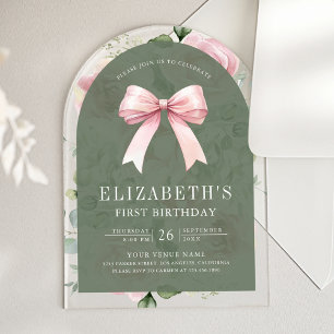 Pink Floral Coquette Bow Sage Green First Birthday Acrylic Invitations