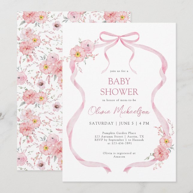 Pink Floral Coquette Ribbon Bow Girl Baby Shower Invitation (Front/Back)