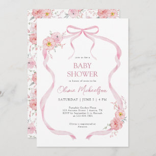 Pink Floral Coquette Ribbon Bow Girl Baby Shower Invitation