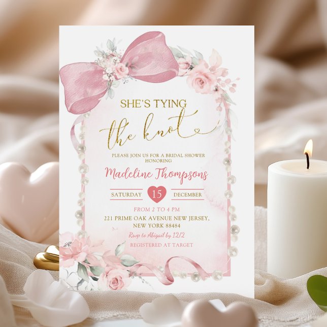 Pink Floral Coquette Shes Tying Knot Bridal Shower Invitation (Creator Uploaded)