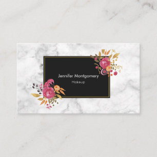 Pink Floral Corner Bouquets on Black Frame Business Card