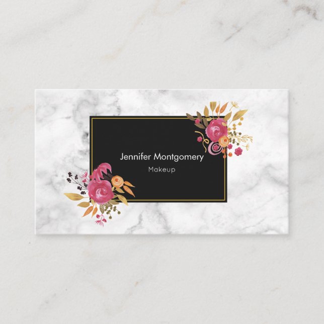 Pink Floral Corner Bouquets on Black Frame Business Card (Front)