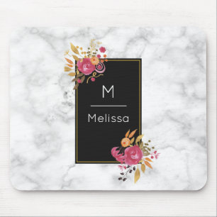 Pink Floral Corner Bouquets on Black Frame Custom Mouse Mat