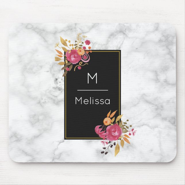 Pink Floral Corner Bouquets on Black Frame Custom Mouse Mat (Front)