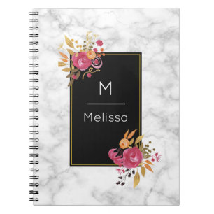 Pink Floral Corner Bouquets on Black Frame Custom Notebook