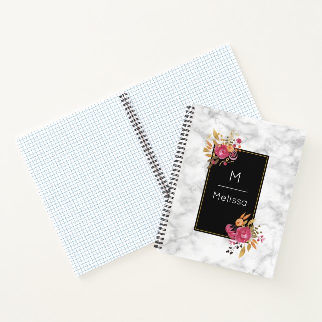 Pink Floral Corner Bouquets on Black Frame Custom Notebook (Inside)