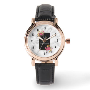 Pink Floral Corner Bouquets on Black Frame Custom Watch