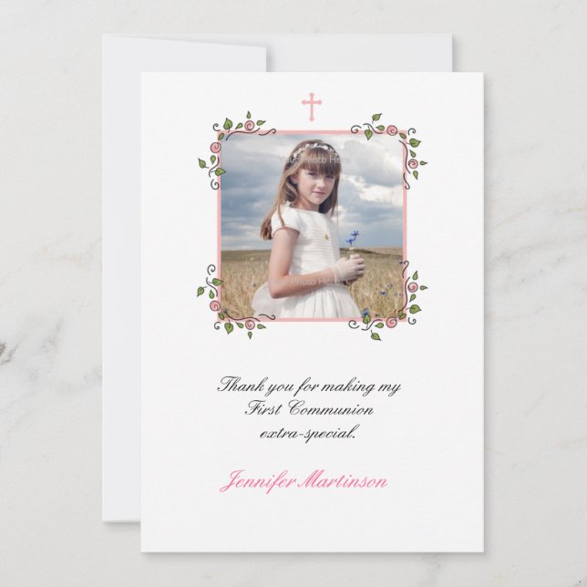 Pink Floral Corners, Communion Photo Thank You (Front)