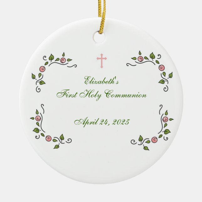 Pink Floral Corners, Religious Ceramic Tree Decoration (Front)