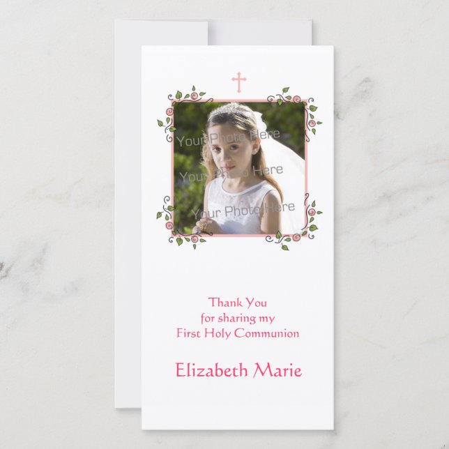 Pink Floral Corners Religious Thank You Photo Card (Front)