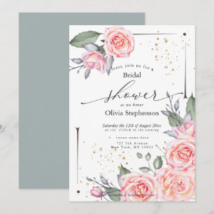 Pink Floral Cottage Roses Bridal Shower  Invitatio Invitation