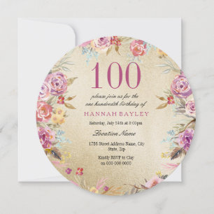 Pink Floral Country Gold 100th Birthday Party Invitation
