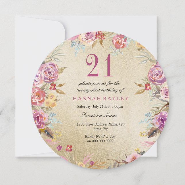 Pink Floral Country Gold 21st Birthday Party Invitation (Front)