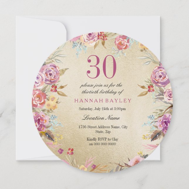Pink Floral Country Gold 30th Birthday Party Invitation (Front)