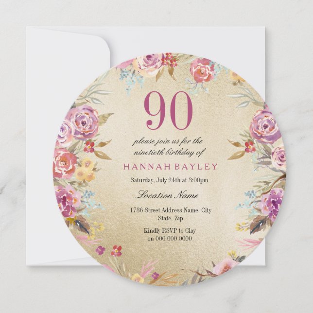 Pink Floral Country Gold 90th Birthday Party Invitation (Front)