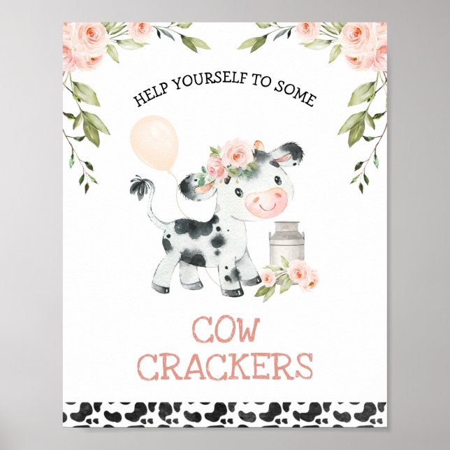 Pink Floral Cow and Cow Print Birthday Party Sign (Front)