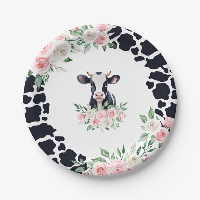 Pink Floral Cow Birthday Party Paper Plate (Front)