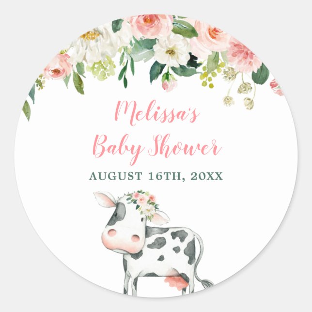 Pink Floral Cow Girl Baby Shower Classic Round Sticker (Front)