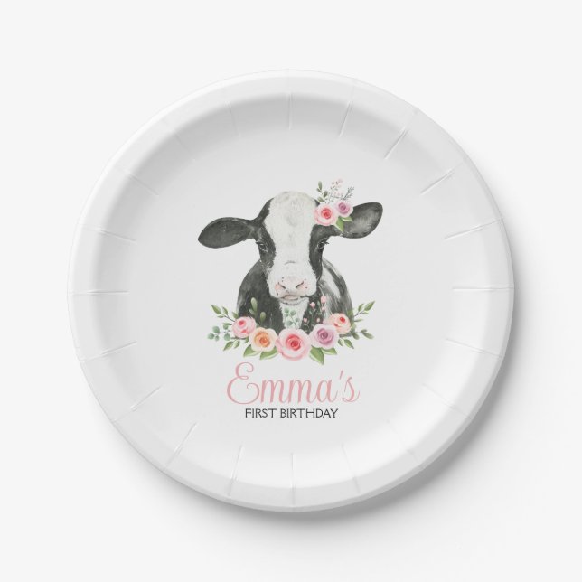 Pink Floral Cow Print Birthday Party  Paper Plate (Front)