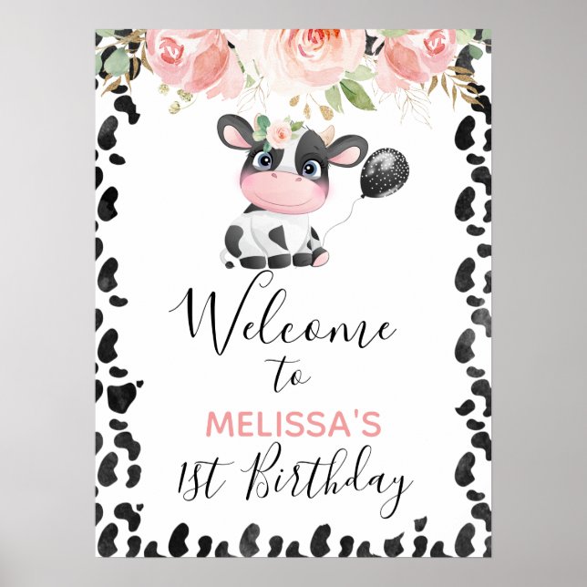 Pink Floral Cow Print Birthday Party Welcome Sign (Front)