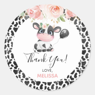 Pink Floral Cow Print Birthday Thank You Sticker