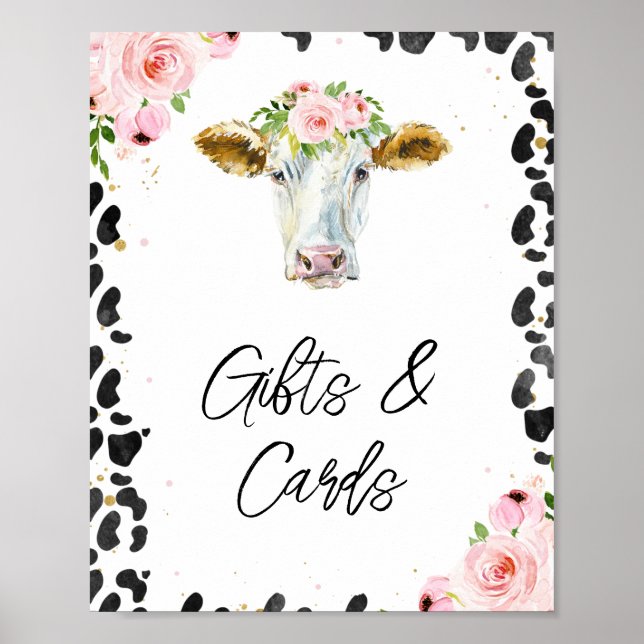 Pink Floral Cow Print Gift Card Baby Shower Sign (Front)