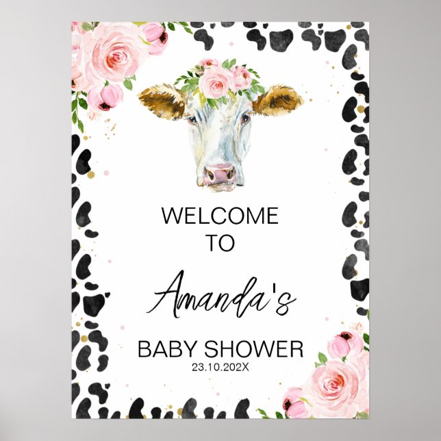 Pink Floral Cow Print Holy Cow Baby Shower Welcome (Front)