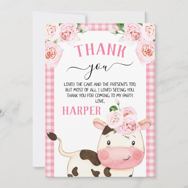 Pink Floral Cow Themed Birthday Thank You Card (Front)