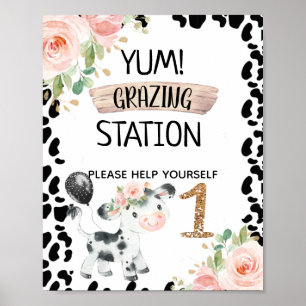 Pink Floral Cow with Cow Print Birthday Party Sign