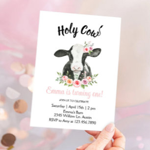 Pink Floral Cow with Cow Print Invitation