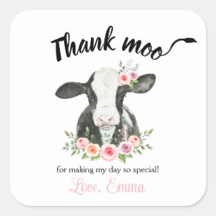 Pink Floral Cow with Cow Print thank you Favour Sq Square Sticker