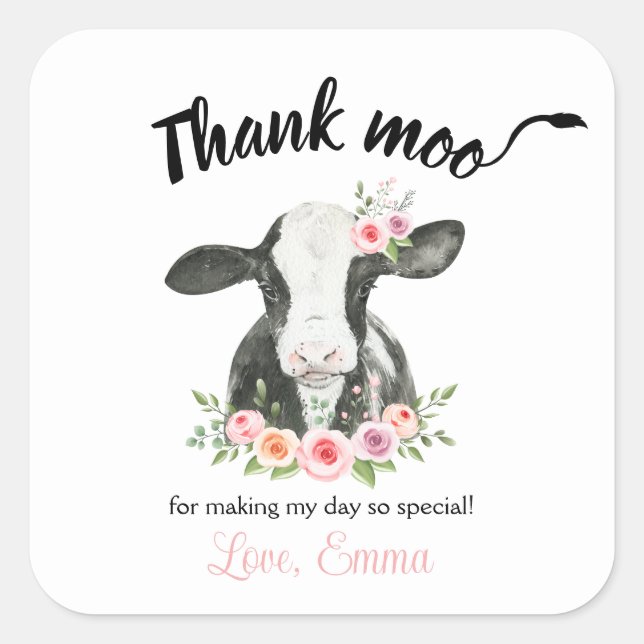 Pink Floral Cow with Cow Print thank you Favour Sq Square Sticker (Front)