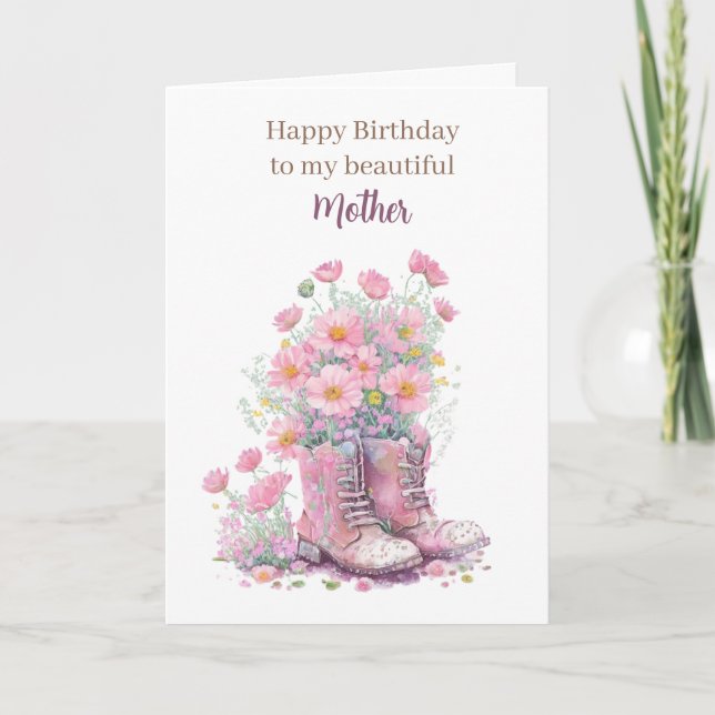 Pink Floral Cowboy Boots Happy Birthday Mum Card (Front)