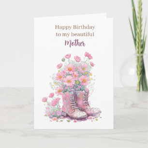 Pink Floral Cowboy Boots Happy Birthday Mum Card