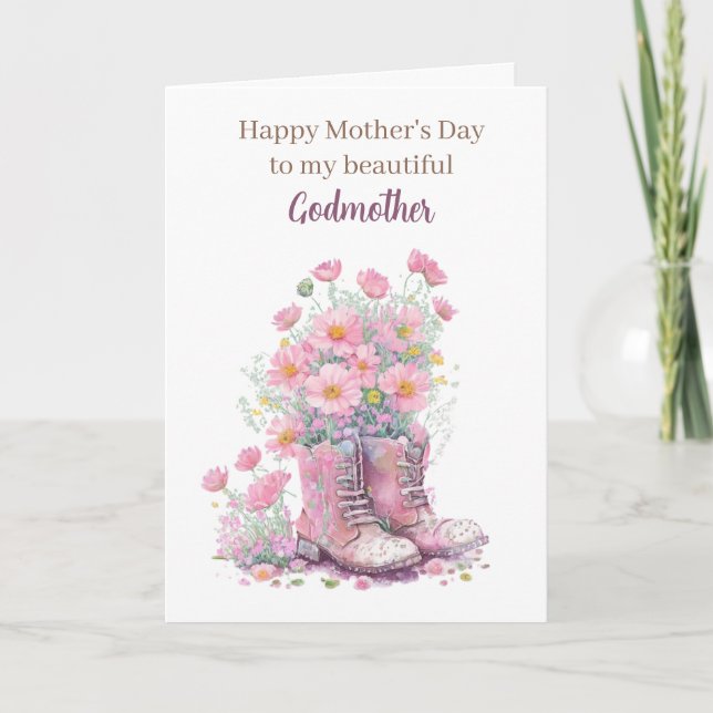 Pink Floral Cowboy Boots Mother's Day Godmother Card (Front)