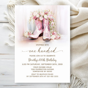 Pink Floral Cowgirl Boots 100th Birthday Party Invitation