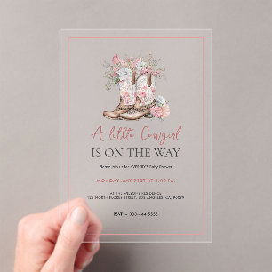 Pink Floral Cowgirl Boots and Greenery Bay Shower Acrylic Invitations