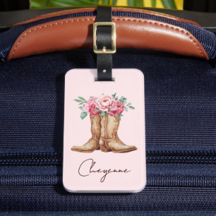 Pink Floral Cowgirl Boots Personalised Western Luggage Tag